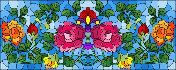 Fototapeta na wymiar Illustration in stained glass style with bright intertwined roses on a blue background, horizontal orientation