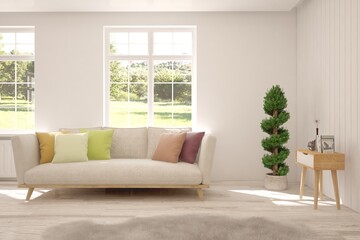 White living room with sofa and summer landscape in window. Scandinavian interior design. 3D illustration