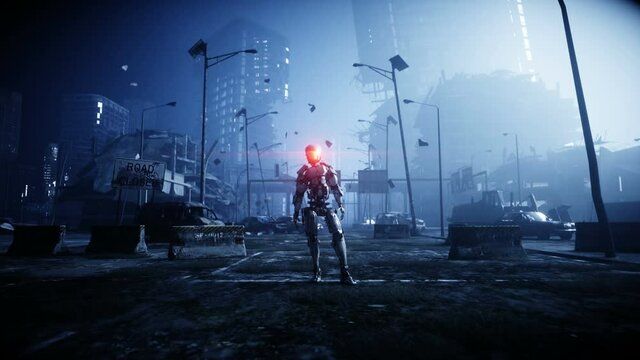 Military robot in destroyed city. Future apocalypse concept. Realistic 4k animation.
