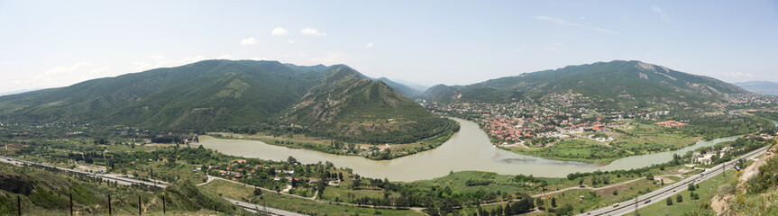 Fototapeta na wymiar Confluence of the Aragvi and Mtkvari rivers and Mtskheta town