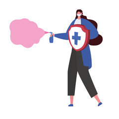 Woman with mask and spray bottle and shield design of Fight covid 19 virus and stop spread theme Vector illustration