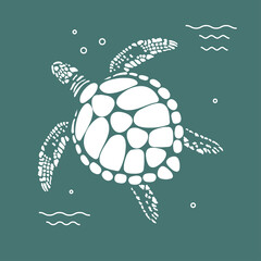 Flat vector illustration with white turtle on blue background.