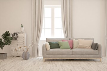 White living room with sofa. Scandinavian interior design. 3D illustration