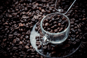 a glass spoon filling up a glass cup with coffee beans, surrounded by coffee beans
