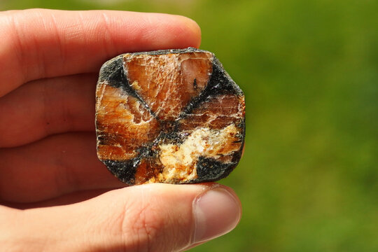 Chiastolite, or Cross stone from Spain gemstone sample held in a hand