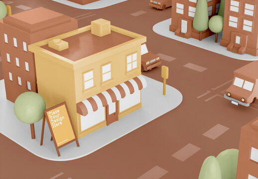Cartoon City with Blackboard Outside Shop Mockup