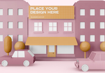 Cartoon City with Shop Sign Mockup