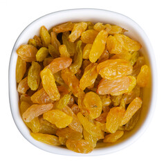 Yellow gold raisins on white background isolation, top view