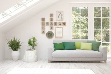 White living room with sofa and summer landscape in window. Scandinavian interior design. 3D illustration