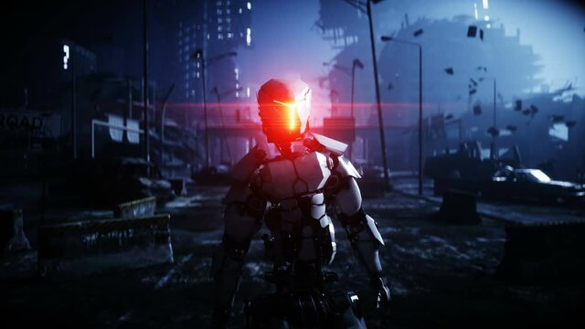 Military robot in destroyed city. Future apocalypse concept. Realistic 4k animation.