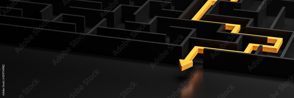 Wall mural 3d rendering: concept - solving a complex problem. black maze and floor with yellow solution path wi