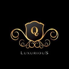 Golden Luxurious Letter M logo, elegance vector design concept shield shape with initial letter logo icon for luxury business identity.
