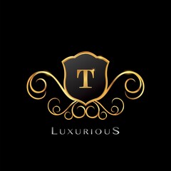 Golden Luxurious Letter T logo, elegance vector design concept shield shape with initial letter logo icon for luxury business identity.