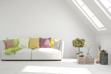 White living room with sofa. Scandinavian interior design. 3D illustration