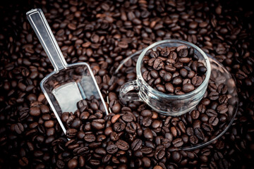 coffee beans in a cup and around the cup