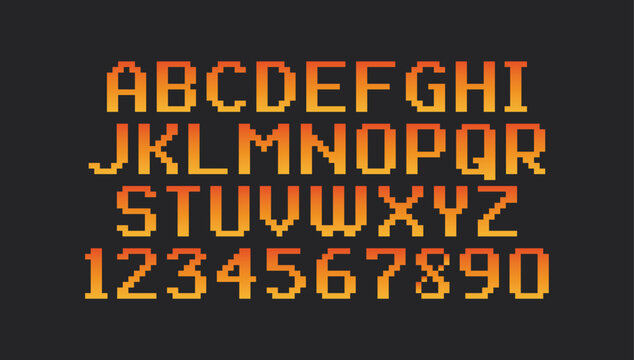 Pixel vintage font isolated on black background. 