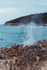 landscape view windy weather sea waves splashes