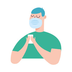 Man with medical mask and smartphone vector design