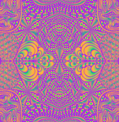 Vintage psychedelic ornamental trippy colorful pattern. Gradient neon orange turquoise color, violet outline