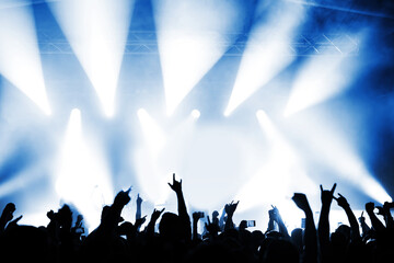 dancing and applauding crowd in front of the stage at a music festival in the light of spotlights....