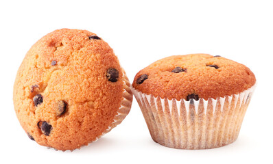 Muffin with pieces of chocolate on a white background. Isolated