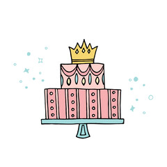 Pink tiered birthday cake. Cake for little girl decorated with gold crown. Birthday princess cake. Hand drawn colorful illustration. Doodle style. Design for template, background, poster and card.