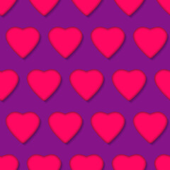 Pink hearts with shadow on purple background. Seamless pattern