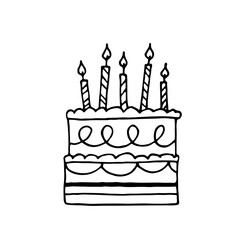 Doodle two-level cake with candles. Sketch cartoon cake isolated on white background. Hand-drawn vector illustration for birthday. Line art. Design for bakery, cafe, postcard.