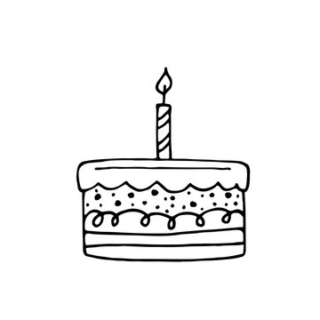 recommend clip art: Hand-drawn vector cake with candle. Birthday cake in doodle style. Cartoon cake isolated on white background. Sketch birthday cake.