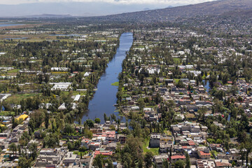 Aerial view of the Apatlaco channel in the district Xochimilco in Mexico City, one of the widest and largest channels of this touristic site and agricultural zone