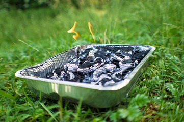 Grill jednorazowy, foliowy, płomień na trawie. © gkjohn