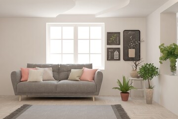 White living room with sofa. Scandinavian interior design. 3D illustration