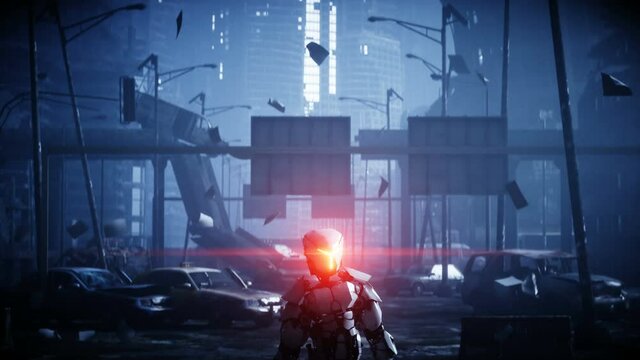 Military robot in destroyed city. Future apocalypse concept. Realistic 4k animation.