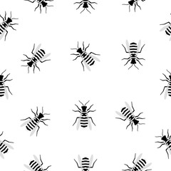 Seamless Pattern with flying wasps. Vector black and white bees isolated on white background. Cartoon doodle cute bees or wasps.