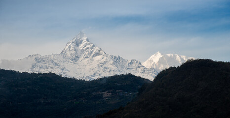 The Annapurna massif in the Himalayas covered in snow and ice Nepal Asia