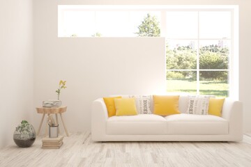White living room with sofa and summer landscape in window. Scandinavian interior design. 3D illustration