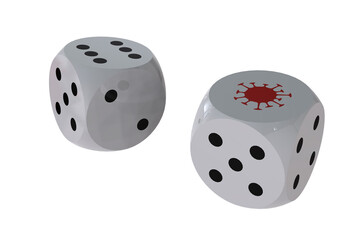 Two white game dice, one with coronavirus and other with on the top. Roll the dice. The Dice located in the center of the image. 3D rendering.