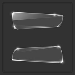 Glass trophy award banners. abstract banner. Two transparent award label. Original ice shard form. Glacial shape. freezing label tag. Signature debris strip. Title splinter glass banner