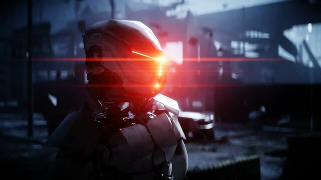 Military robot in destroyed city. Future apocalypse concept. Realistic 4k animation.