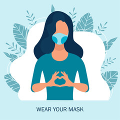 Wear your mask and gloves vector concept. Protection from flu, coronavirus, air pollution, dust. vector illustration.

