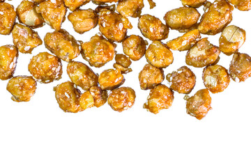 Coated peanuts, sugar, white sesame, isolated white background