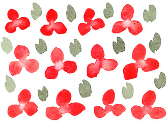 Background watercolor red flovers and green leaf on white