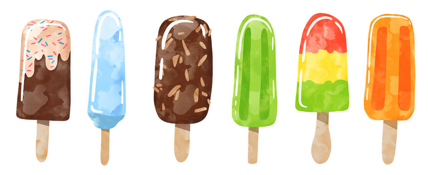Watercolor ice cream, ice lolly and eskimo pie on a stick with nuts isolated on white set, watercolor illustration. Hand drawn bright summer clip art collection.