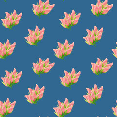 Floral seamless pattern made of roses. Acrilic painting with pink flower buds on blue background. Botanical illustration for fabric and textile, packaging, wallpaper