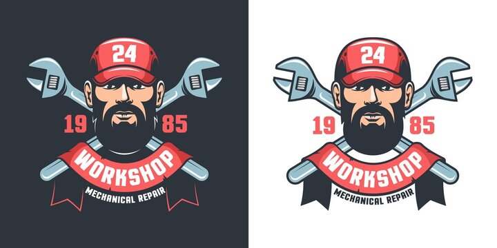Mechanical workshop retro emblem - worker and adjustable wrench. Repair service vintage logo - handyman in cap and tools. Vector illustration.