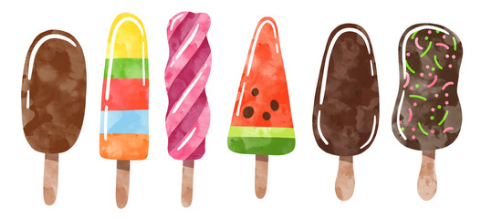 Watercolor ice cream, ice lolly and eskimo pie on a stick isolated on white, watercolor clip art illustration. Hand drawn bright summer clip art set.