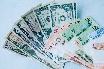 New banknote hundred dollars and russian rubles