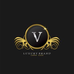 Letter V Golden Circle Shield Luxury Brand Logo, vector design concept for initial, luxury business, hotel, wedding service, boutique, decoration and more brands.
