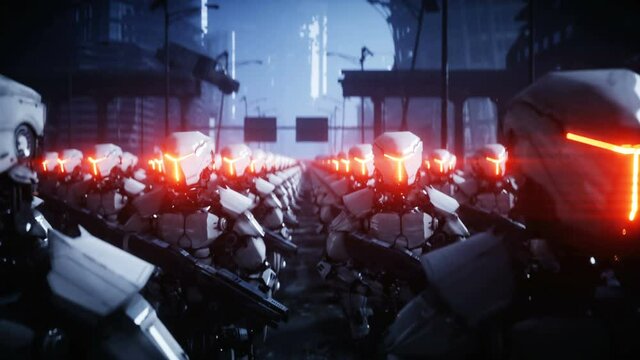 walking military robots. invasion of military robots. Dramatic apocalypse super realistic concept. Future. 4k animation.