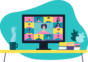Conference video call, remote project management, quarantine, chat with friends. Vector illustration in a modern style.